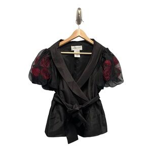 Vintage Victor Costa Wrap Top Silk Organza Bubble Sleeves With Roses Inside 10